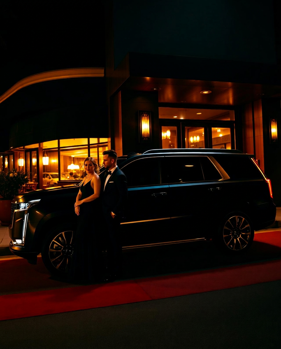 Couple in formal evening wear beside a 2026 Cadillac Escalade on a red carpet outside an elegant venue at night