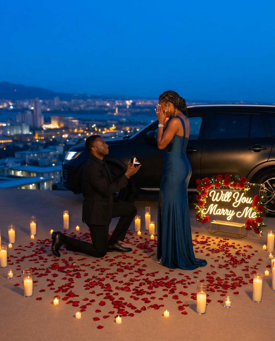 Black couple's proposal at blue hour surrounded by rose petals, candles and a lit Will You Marry Me sign with roses beside a black luxury SUV